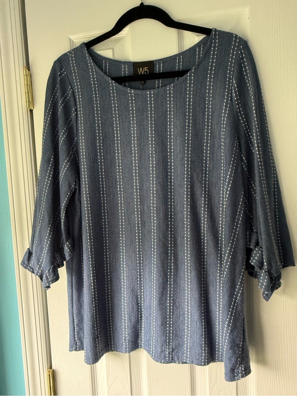 Blue Pinstripe Scoop Neck Ruffle Sleeve Top